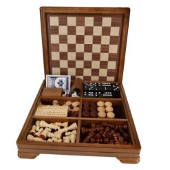 Walnut 7-Games-in-1 Combination Game Set – Includes Chess, Checkers, Backgammon, Dominoes, Cribbage, Poker Dice And Cards